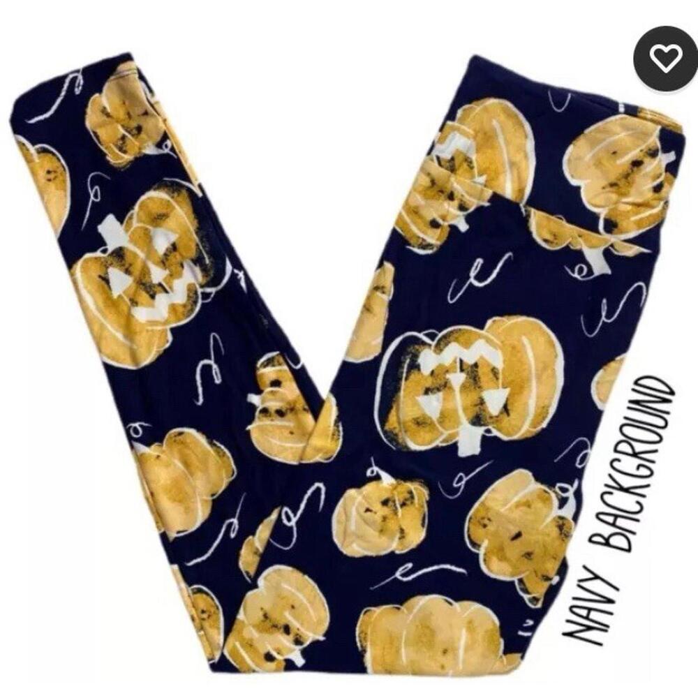 New Lularoe OS 2-10 Halloween Pumpkins On Navy Leggings Jack O Lanterns